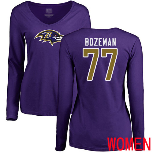 Baltimore Ravens Purple Women Bradley Bozeman Name and Number Logo NFL Football #77 Long Sleeve T Shirt
